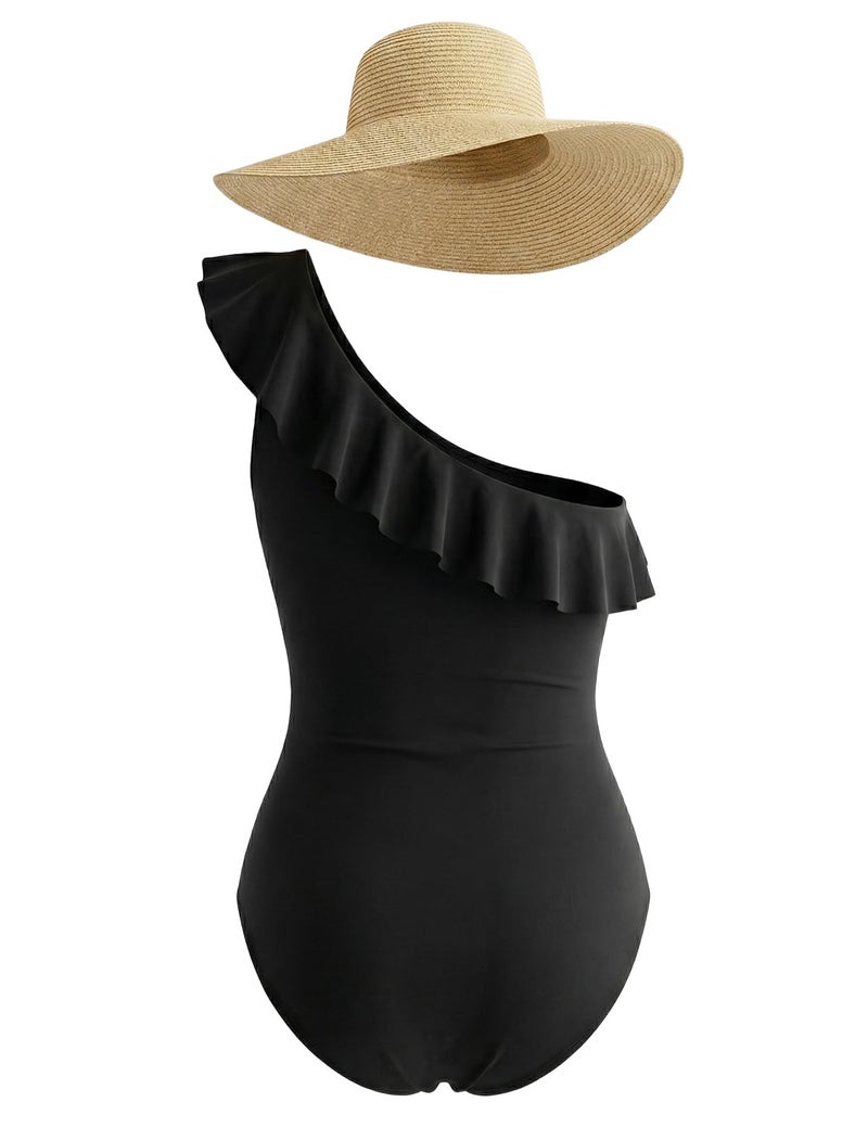 Hilor Women's Black Tummy Control One Piece Swimsuits Ruffled One Shoulder Swimwear Asymmetric Bathing Suits 6 - Image 5